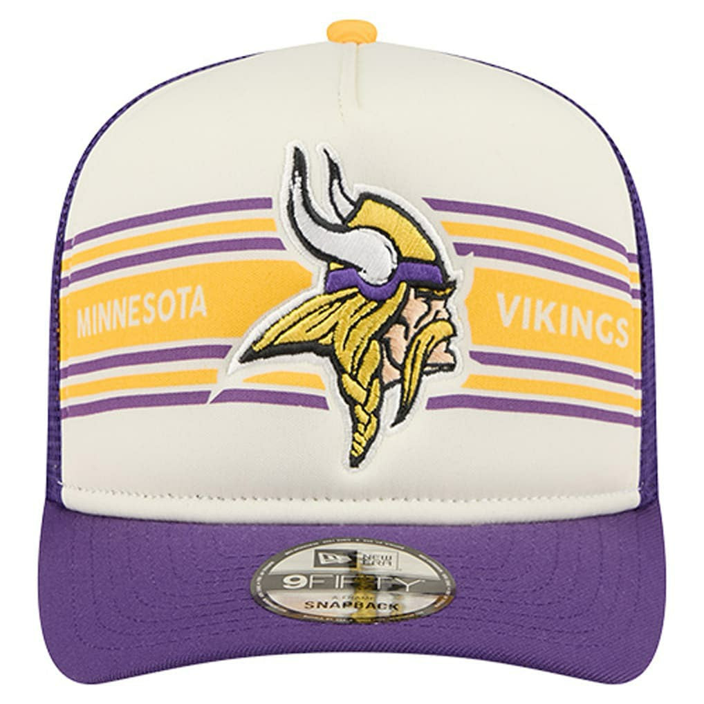 Minnesota Vikings New Era Banner A-Frame 9FIFTY Trucker Snapback Hat - Cream/Purple Hats