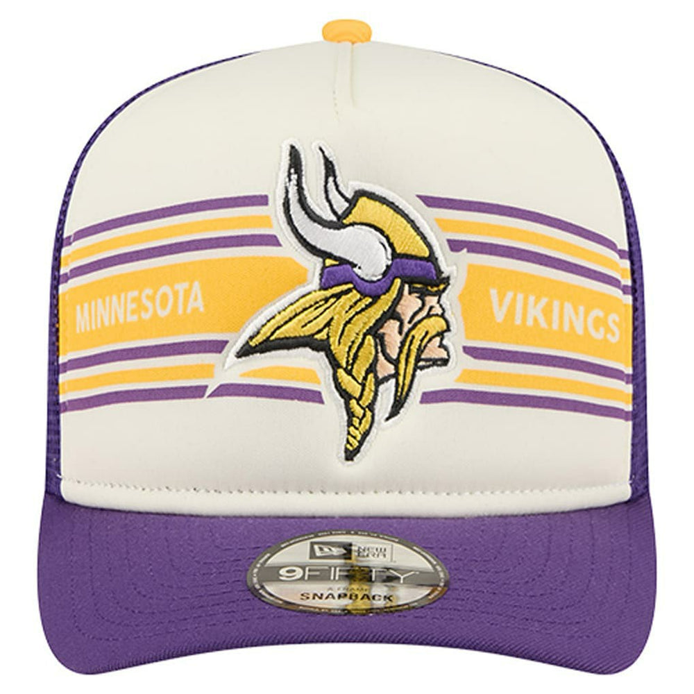Minnesota Vikings New Era Banner A-Frame 9FIFTY Trucker Snapback Hat - Cream/Purple Hats