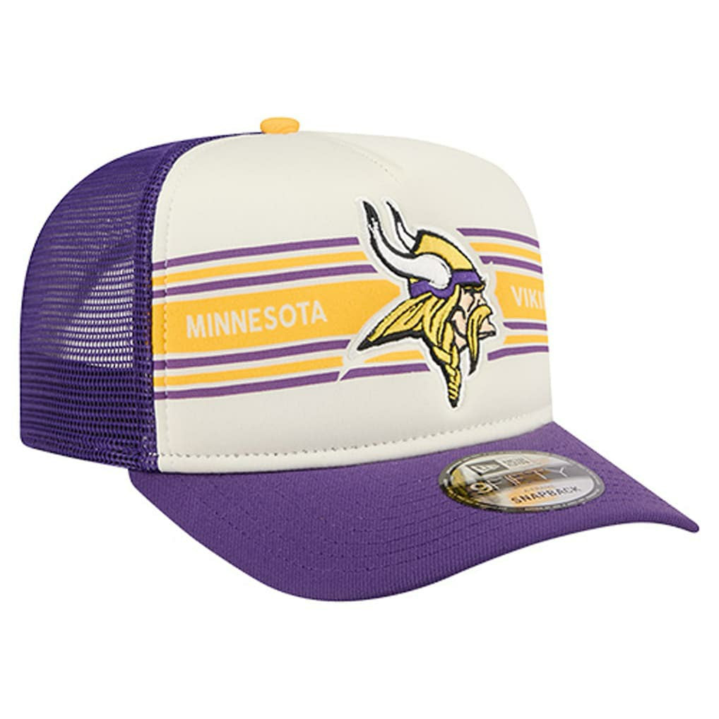 Minnesota Vikings New Era Banner A-Frame 9FIFTY Trucker Snapback Hat - Cream/Purple Hats