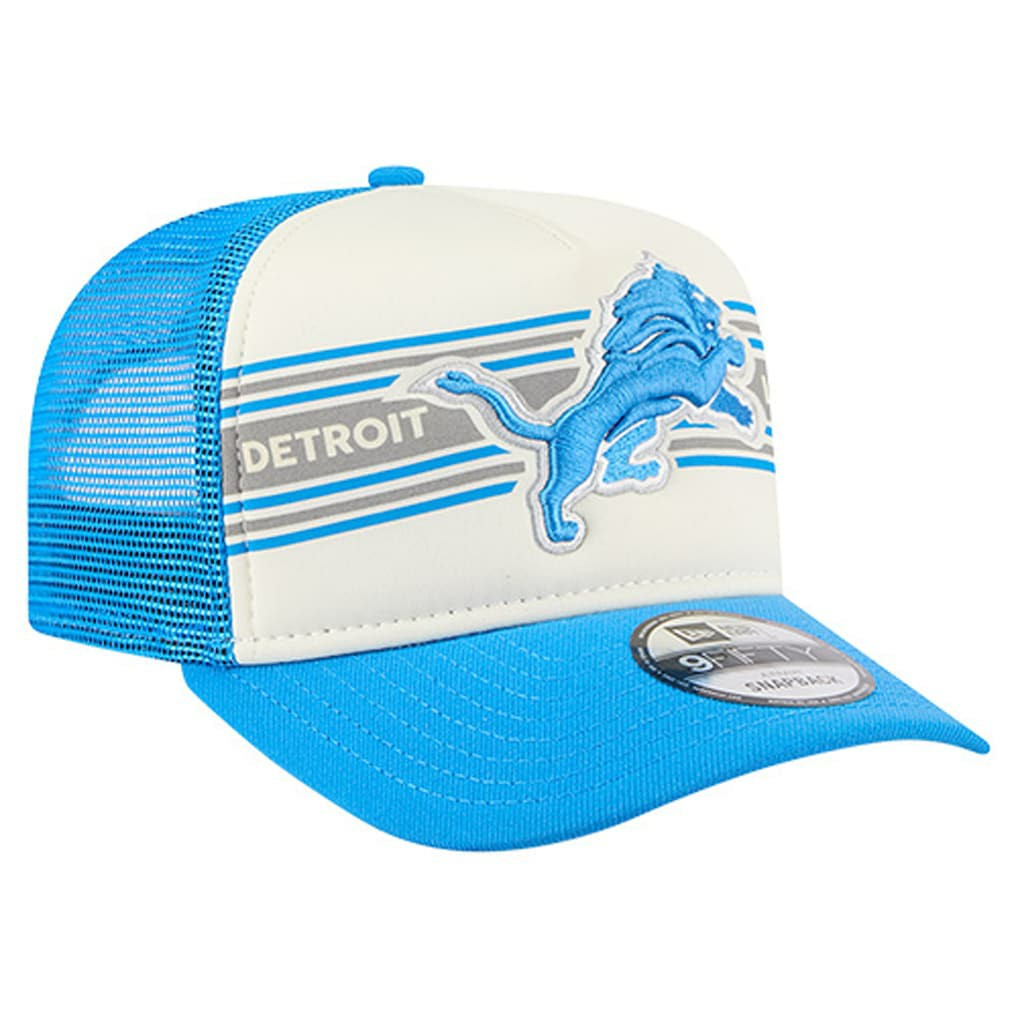 Detroit Lions New Era Banner A-Frame 9FIFTY Trucker Snapback Hat - Cream/Blue Hats