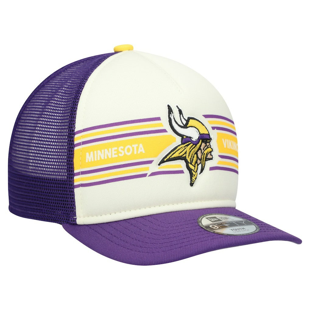 Minnesota Vikings New Era Youth Banner 9FIFTY A-Frame Adjustable Trucker Hat - Cream/Purple Hats