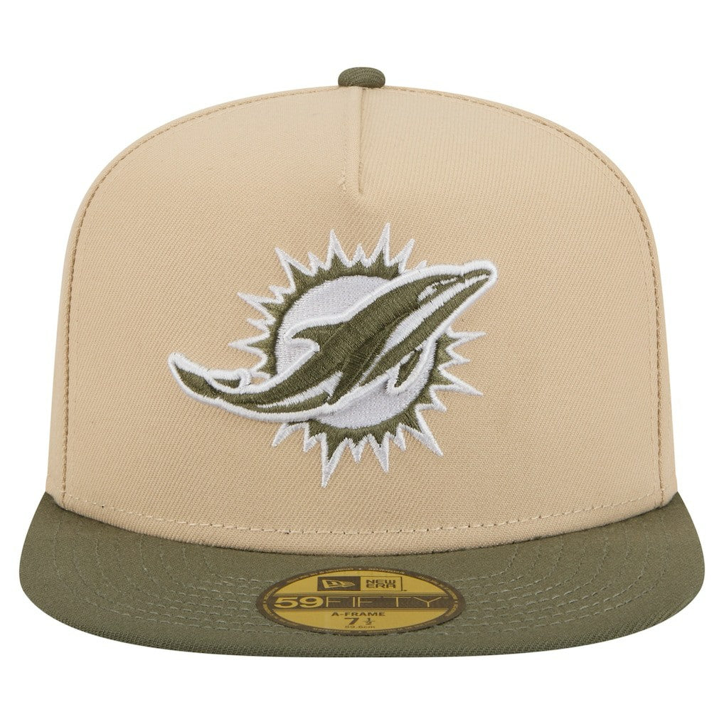 Miami Dolphins New Era Color Pack A-Frame 59FIFTY Fitted Hat - Beige/Olive Hats