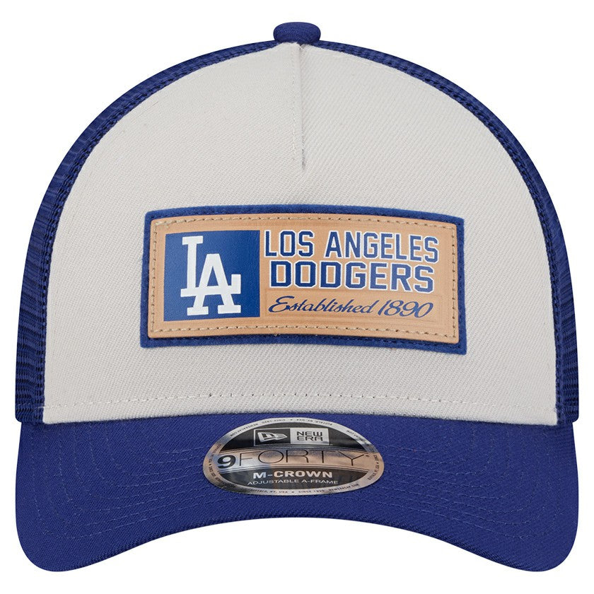 Los Angeles Dodgers New Era Text A-Frame Trucker 9FORTY Hat - Stone/Royal Hats