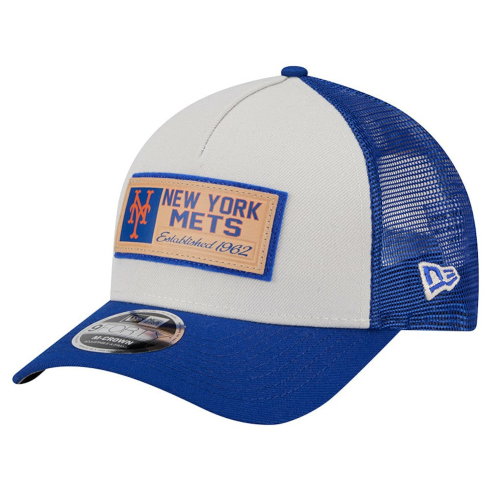 New York Mets New Era Text A-Frame Trucker 9FORTY Hat - Stone/Royal Hats