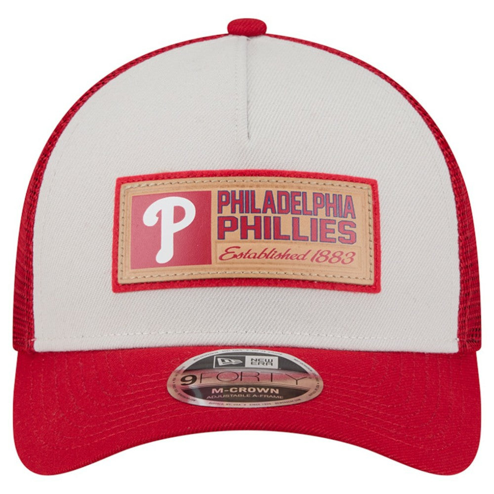 Philadelphia Phillies New Era Text A-Frame Trucker 9FORTY Hat - Stone/Red Hats