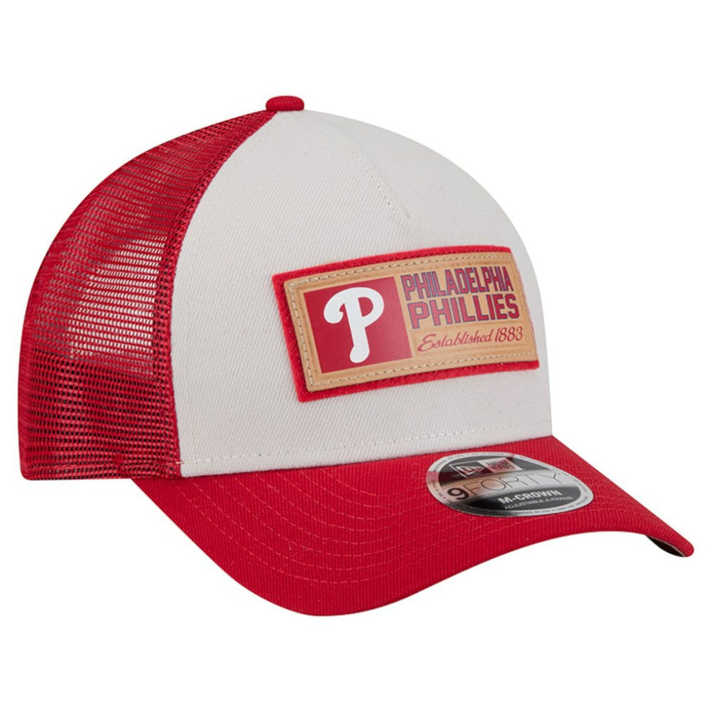 Philadelphia Phillies New Era Text A-Frame Trucker 9FORTY Hat - Stone/Red Hats