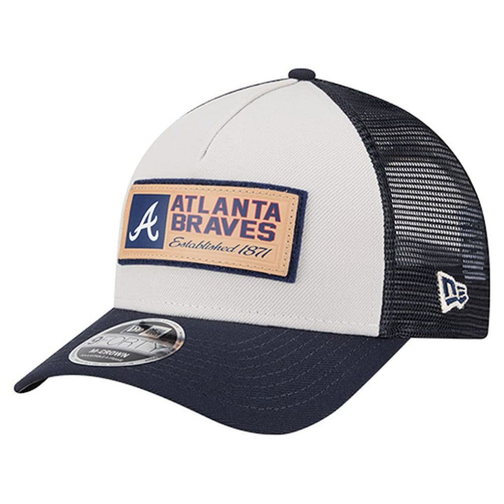 Atlanta Braves New Era Text A-Frame Trucker 9FORTY Hat - Stone/Navy Hats