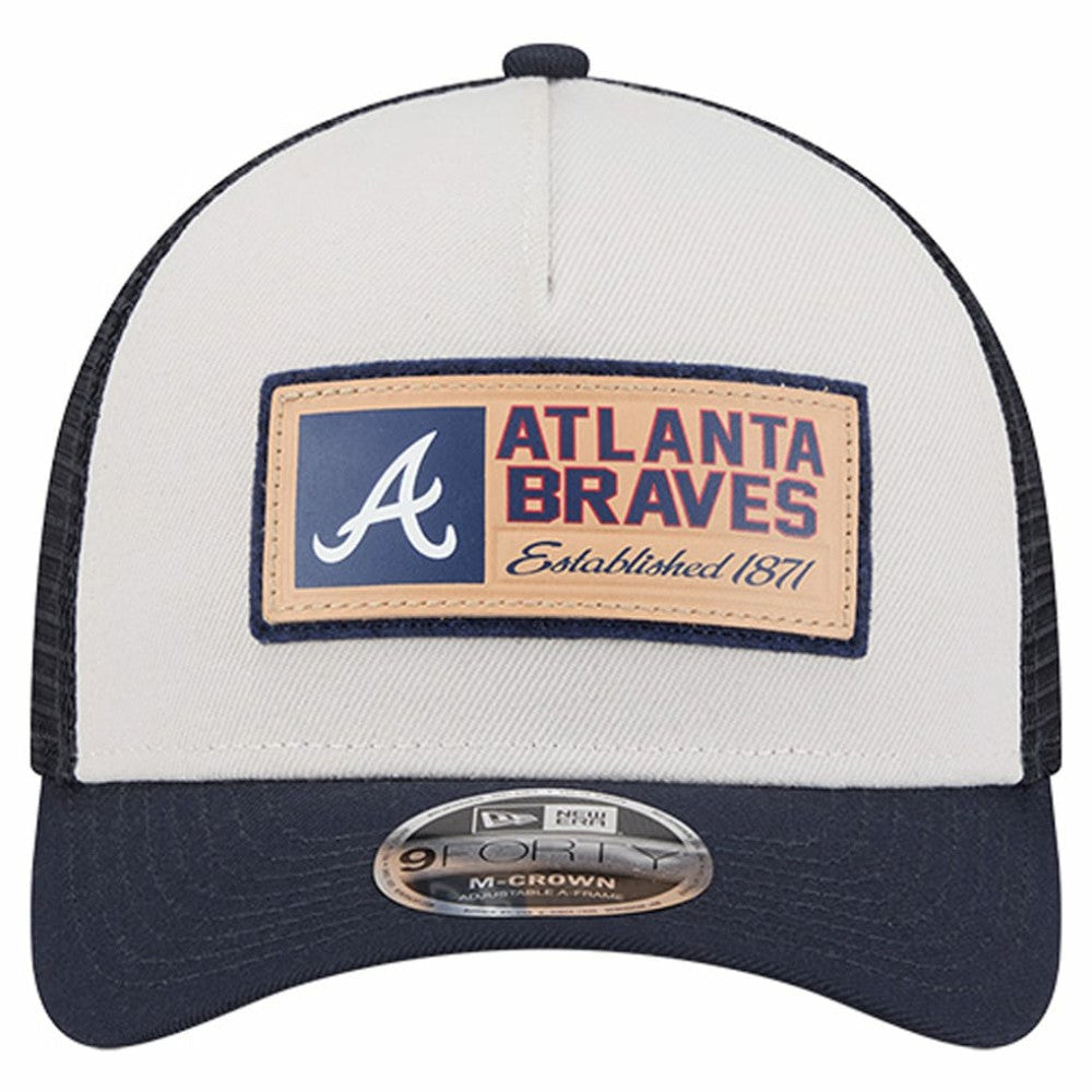 Atlanta Braves New Era Text A-Frame Trucker 9FORTY Hat - Stone/Navy Hats