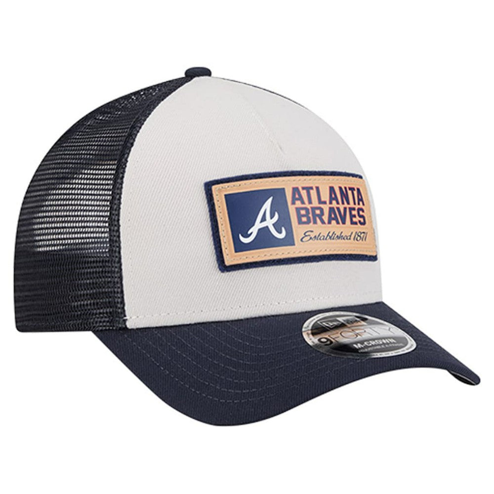 Atlanta Braves New Era Text A-Frame Trucker 9FORTY Hat - Stone/Navy Hats