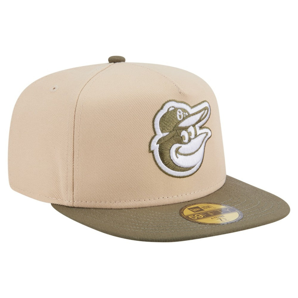 Baltimore Orioles New Era Two-Tone Color Pack A-Frame 59FIFTY Fitted Hat - Light Beige/Olive Hats
