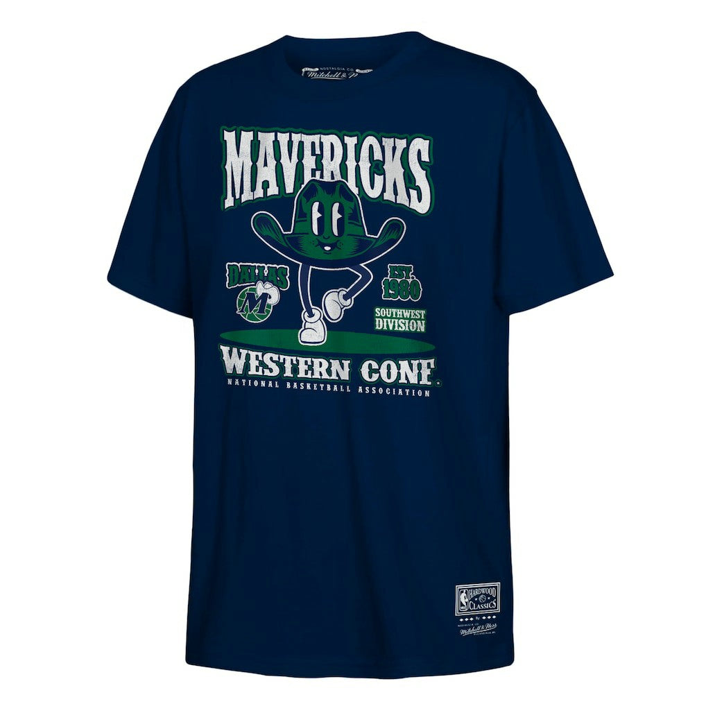 Dallas Mavericks Youth Retro Mascot Script T-Shirt Navy - Mitchell & Ness