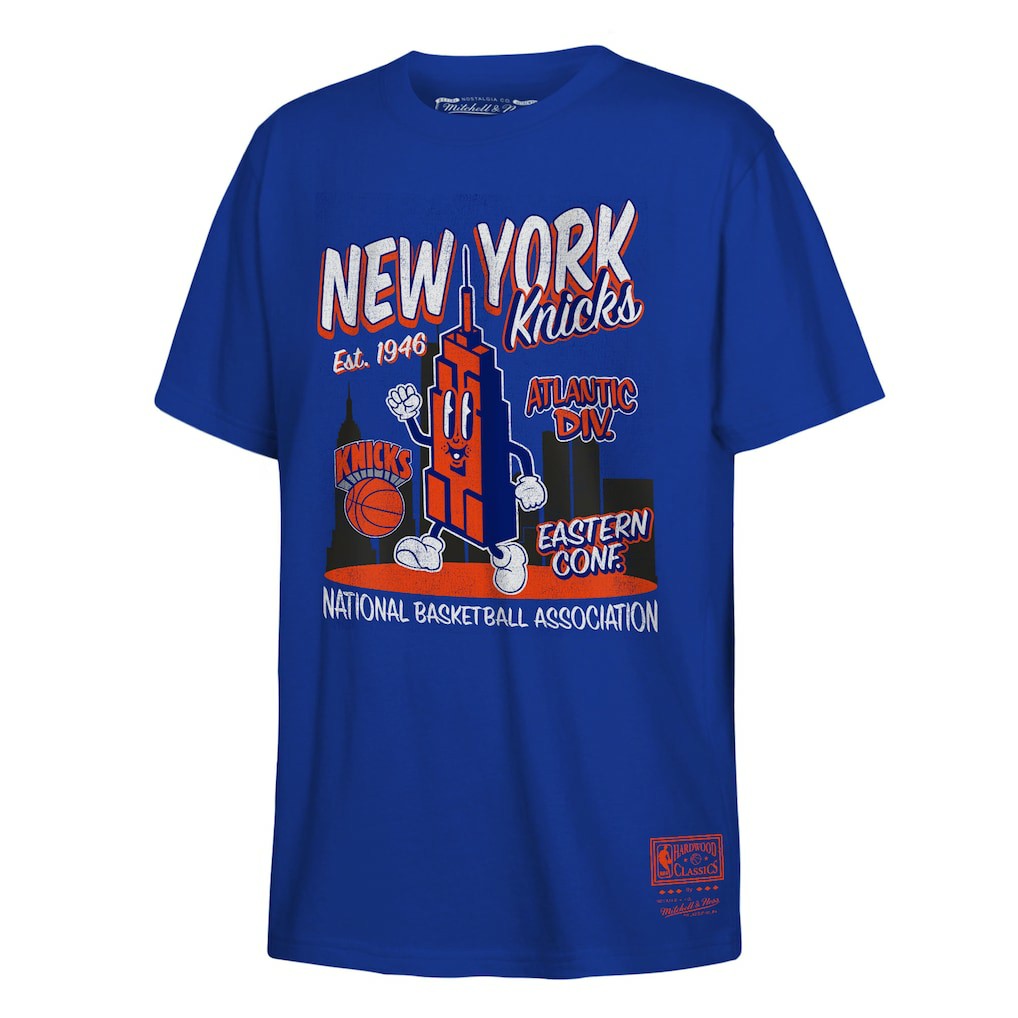 New York Knicks Youth Retro Mascot Script T-Shirt Blue - Mitchell & Ness