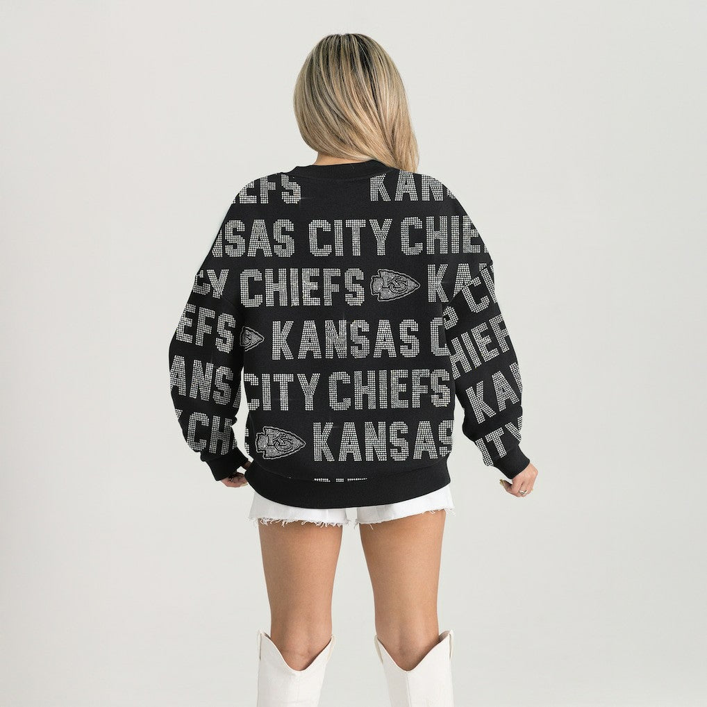 Kansas City Chiefs Gameday Couture Women's Oversized Hype Era Rhinestone Text Sweatshirt - Black Sweatshirts