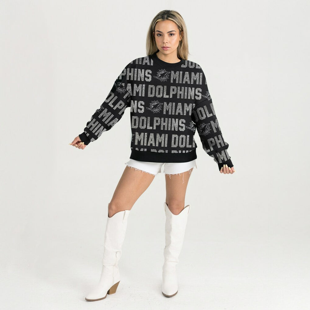 Miami Dolphins Gameday Couture Women's Oversized Hype Era Rhinestone Text Sweatshirt - Black Sweatshirts