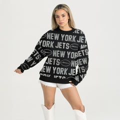 New York Jets Gameday Couture Women's Oversized Hype Era Rhinestone Text Sweatshirt - Black Sweatshirts