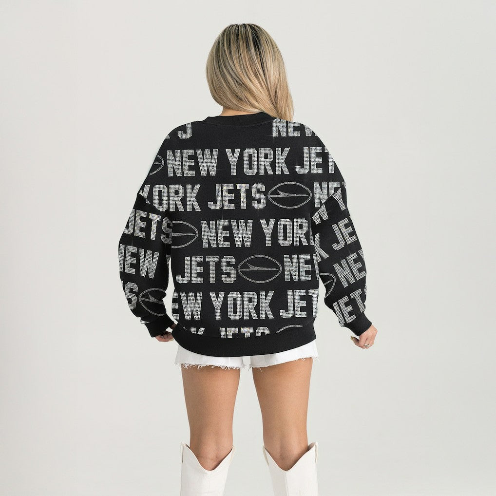 New York Jets Gameday Couture Women's Oversized Hype Era Rhinestone Text Sweatshirt - Black Sweatshirts