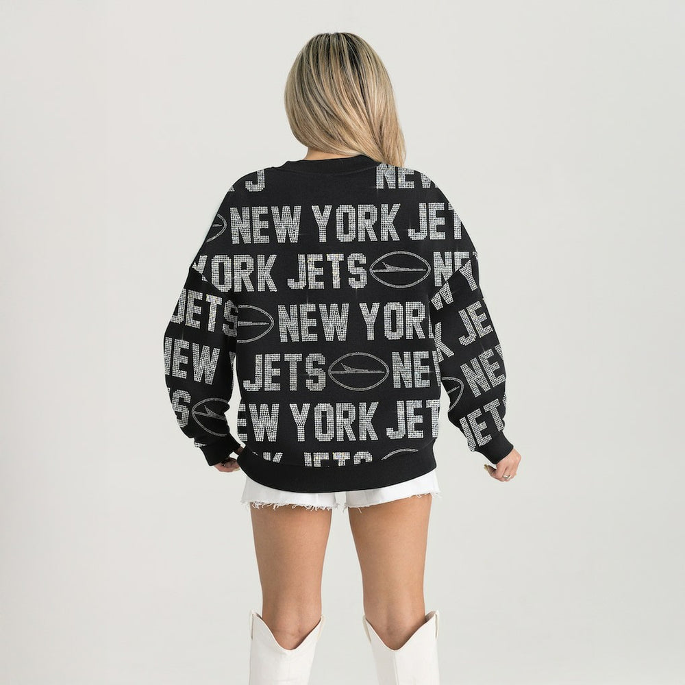 New York Jets Gameday Couture Women's Oversized Hype Era Rhinestone Text Sweatshirt - Black Sweatshirts