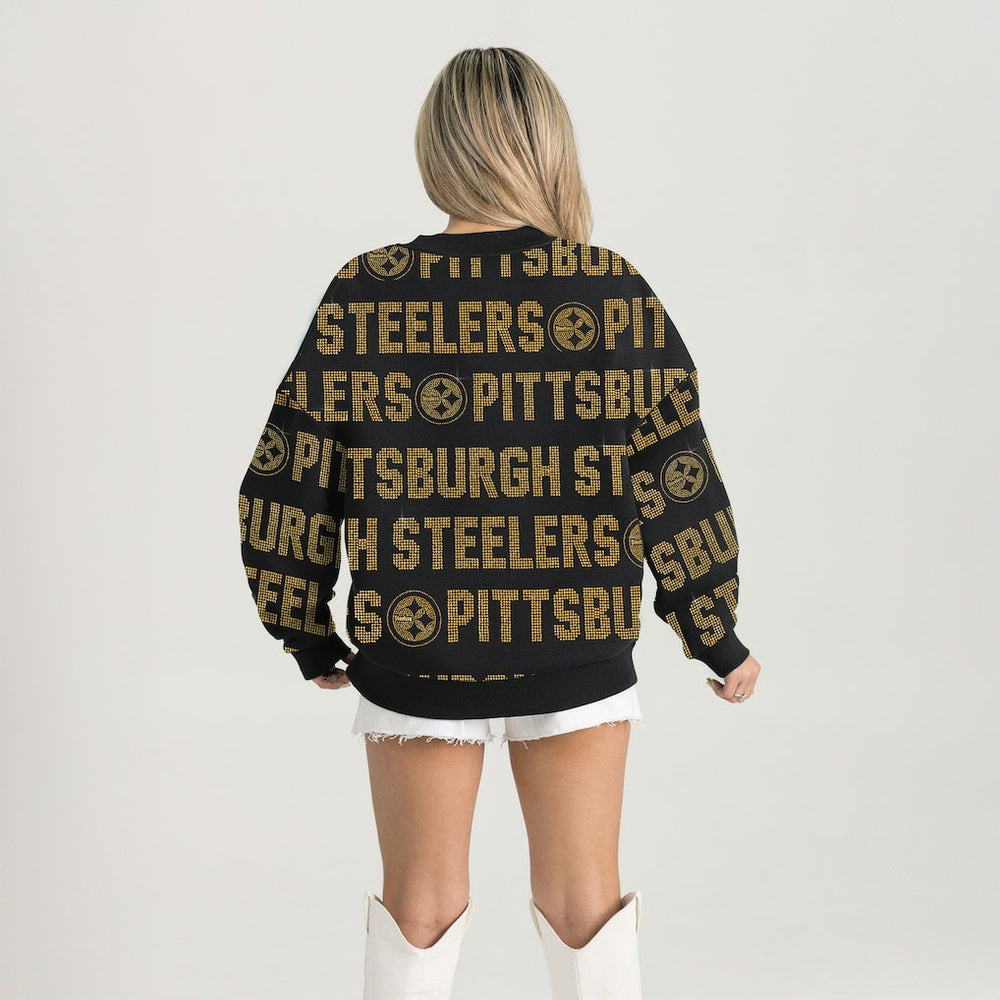 Pittsburgh Steelers Gameday Couture Women's Oversized Hype Era Rhinestone Text Sweatshirt - Black Sweatshirts