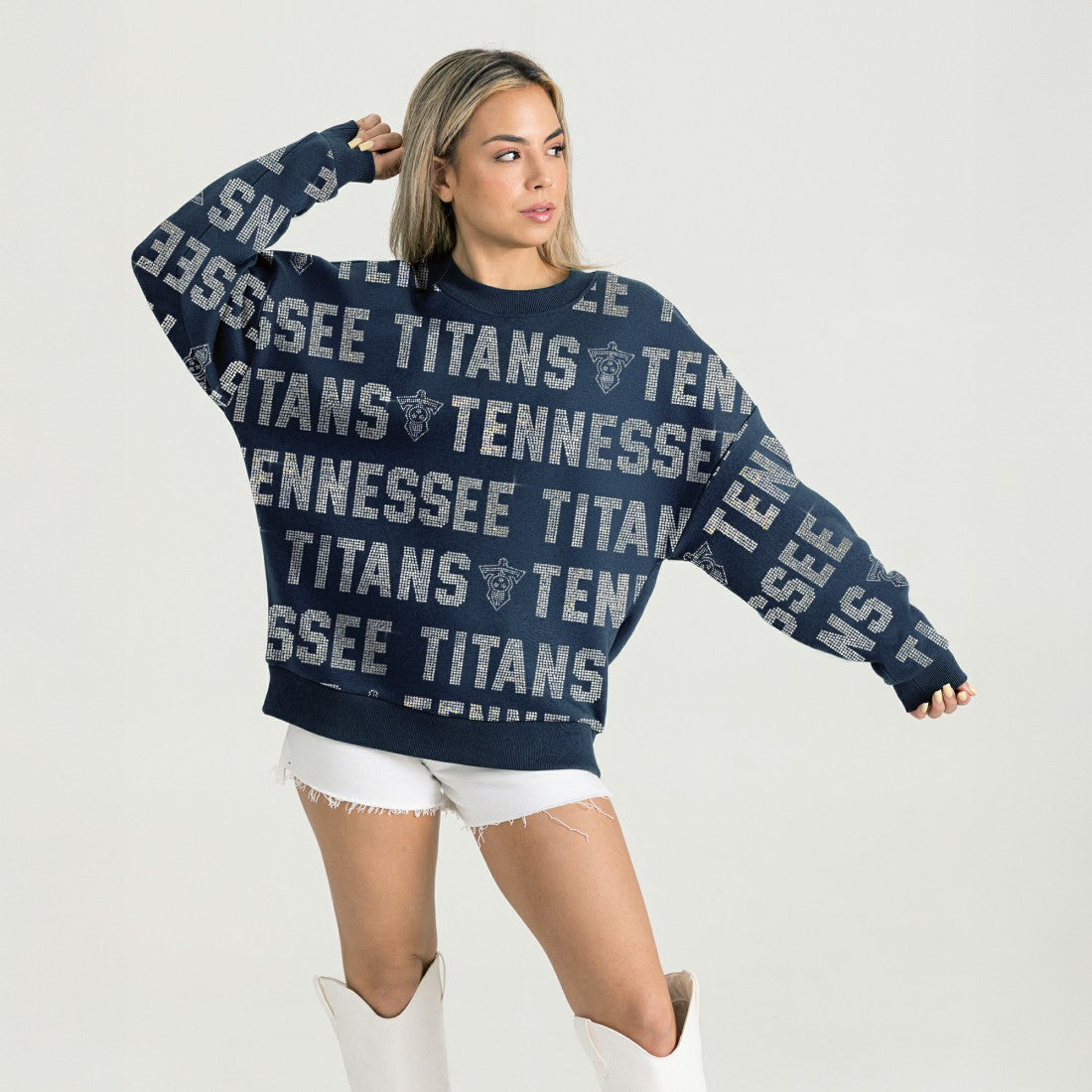 Tennessee Titans Gameday Couture Women's Oversized Hype Era Rhinestone Text Sweatshirt - Navy Sweatshirts