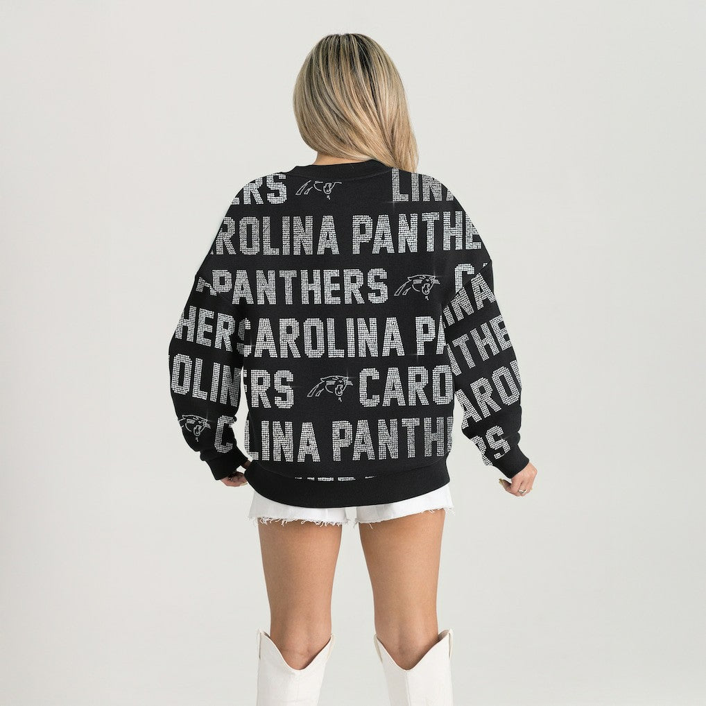 Carolina Panthers Gameday Couture Women's Oversized Hype Era Rhinestone Text Sweatshirt - Black Sweatshirts