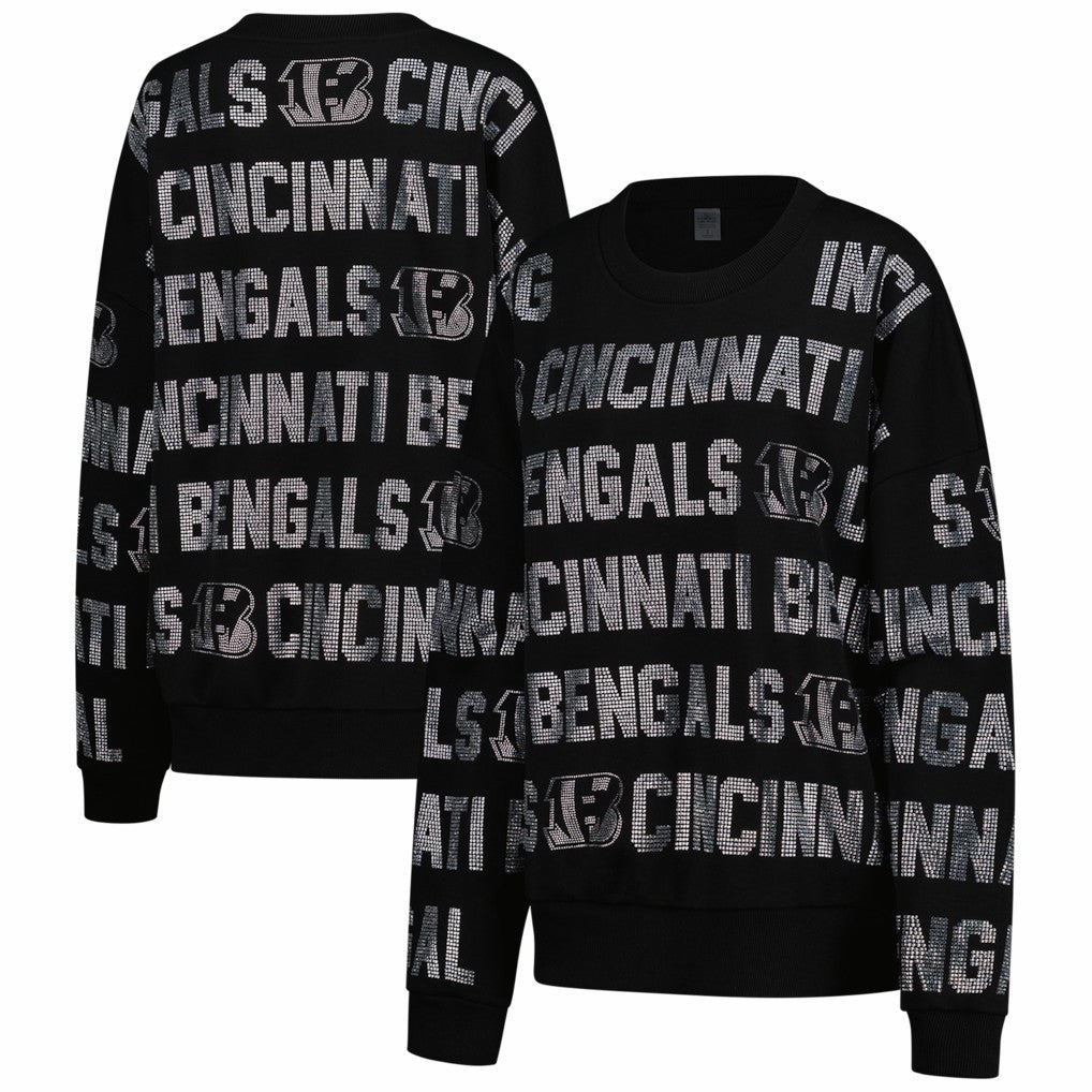 Cincinnati Bengals Gameday Couture Women's Oversized Hype Era Rhinestone Text Sweatshirt - Black Sweatshirts