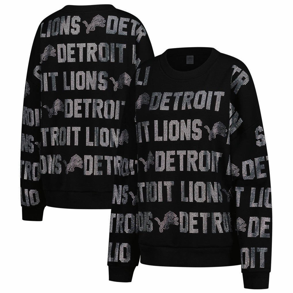 Detroit Lions Gameday Couture Women's Oversized Hype Era Rhinestone Text Sweatshirt - Black Sweatshirts