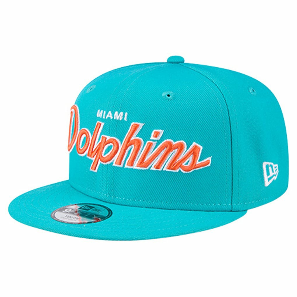 Miami Dolphins New Era Youth Main Script 9FIFTY Snapback Hat - Aqua Hats