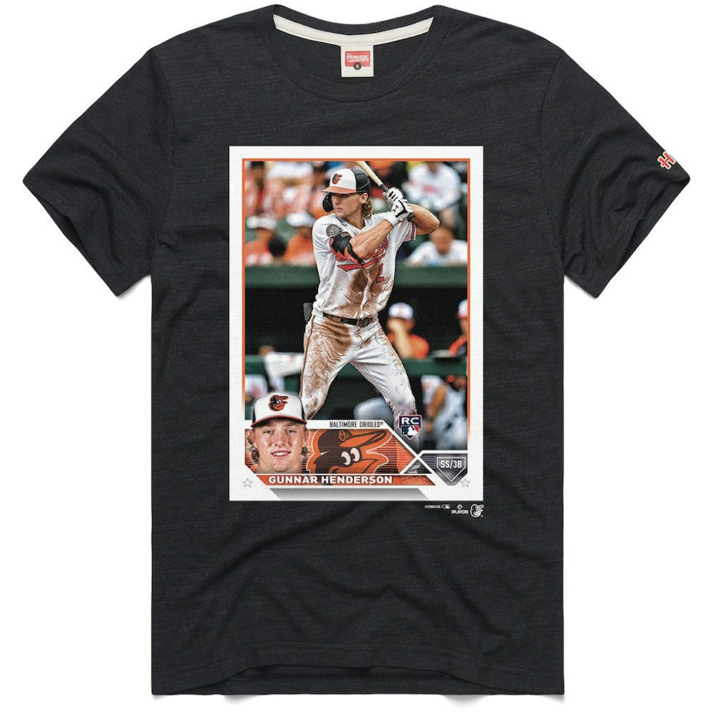 Gunnar Henderson Baltimore Orioles Homage 2023 Topps Baseball Card Player T-Shirt - Charcoal T-shirts