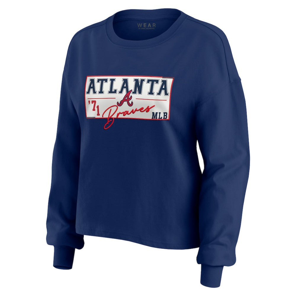 Atlanta Braves WEAR by Erin Andrews Women's Heavy Rugby Jersey Cropped Long Sleeve T-Shirt & Shorts Lounge Set - Navy Jerseys