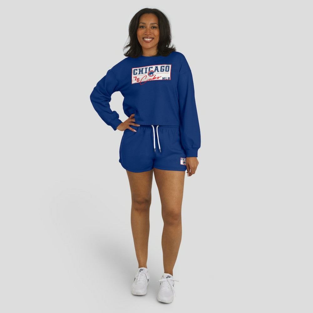 Chicago Cubs WEAR by Erin Andrews Women's Heavy Rugby Jersey Cropped Long Sleeve T-Shirt & Shorts Lounge Set - Royal Jerseys