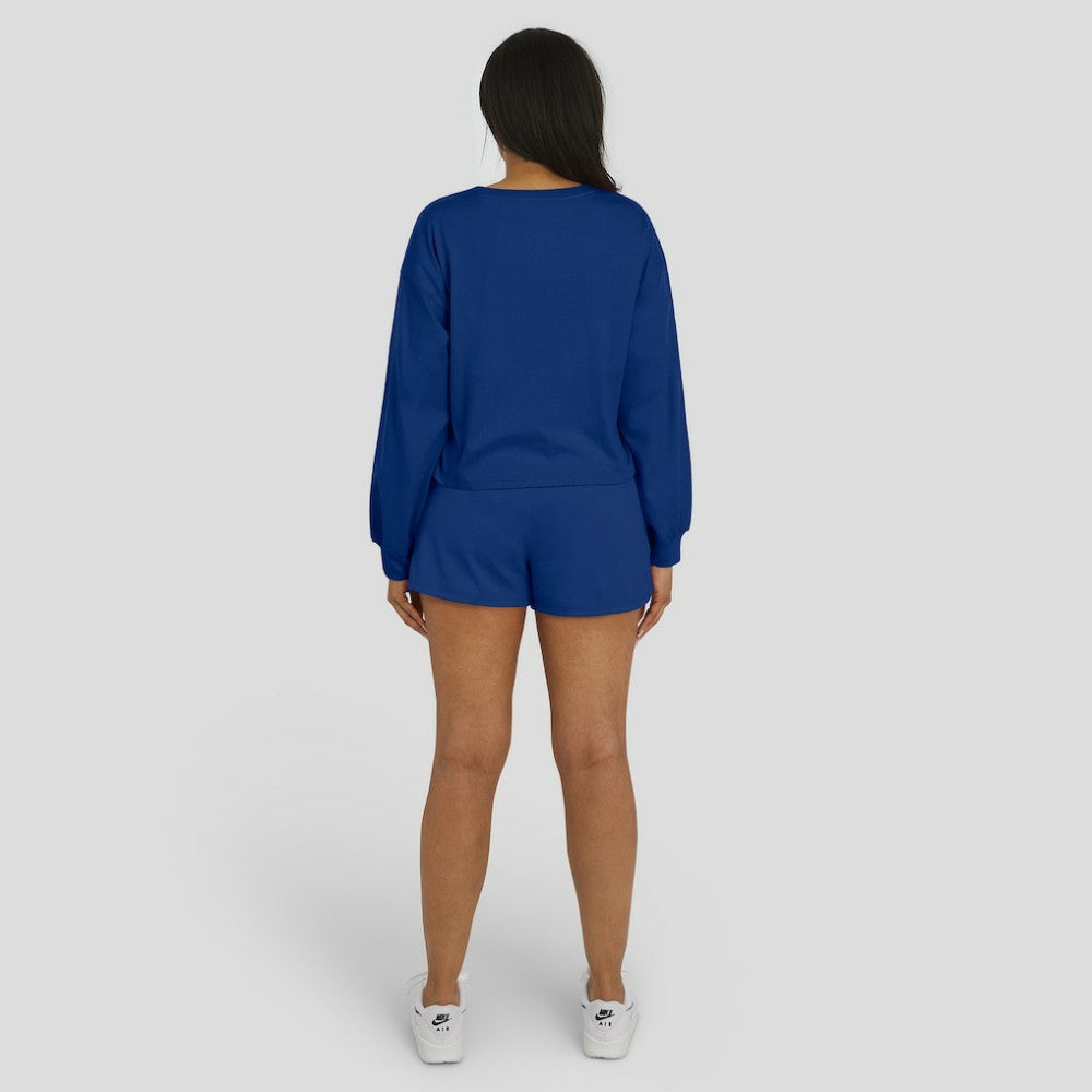 Chicago Cubs WEAR by Erin Andrews Women's Heavy Rugby Jersey Cropped Long Sleeve T-Shirt & Shorts Lounge Set - Royal Jerseys