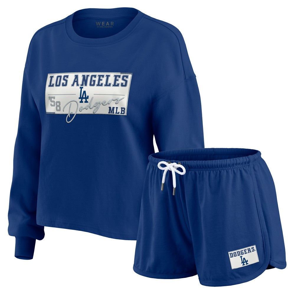 Los Angeles Dodgers WEAR by Erin Andrews Women's Heavy Rugby Jersey Cropped Long Sleeve T-Shirt & Shorts Lounge Set - Royal Jerseys