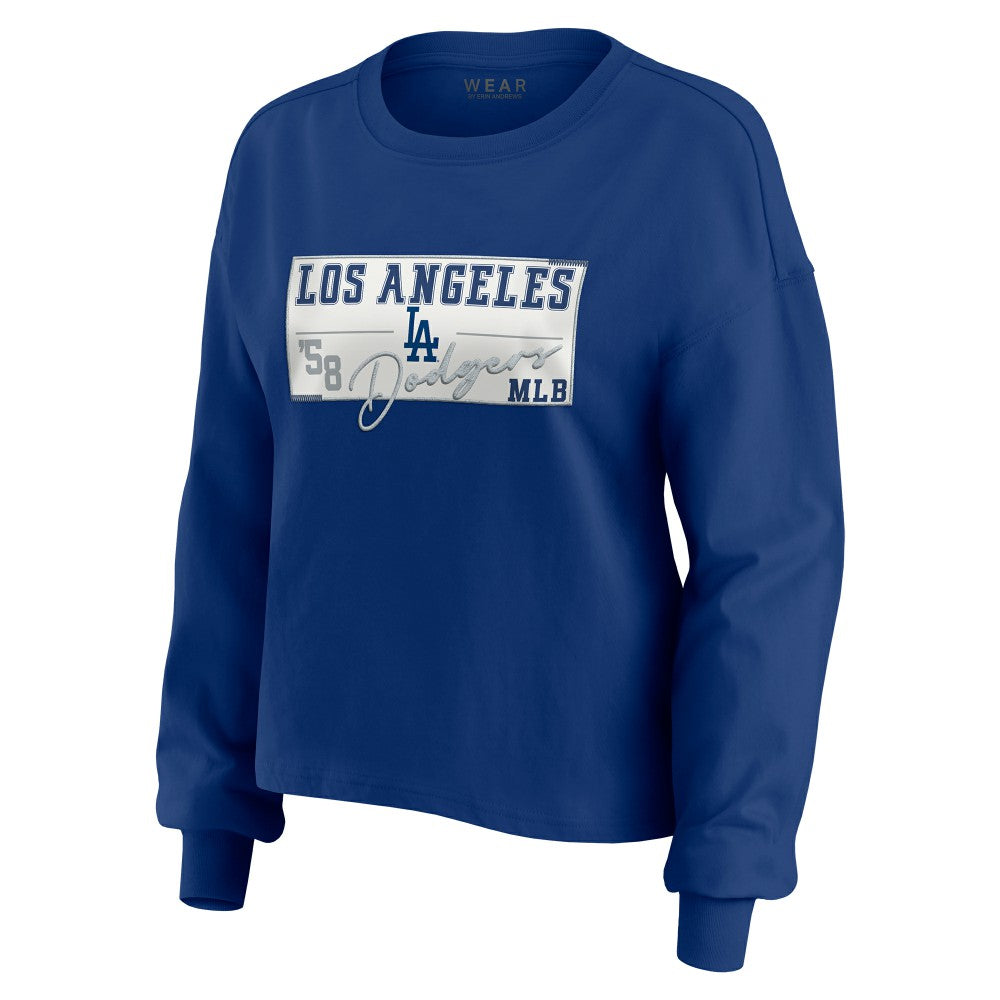 Los Angeles Dodgers WEAR by Erin Andrews Women's Heavy Rugby Jersey Cropped Long Sleeve T-Shirt & Shorts Lounge Set - Royal Jerseys