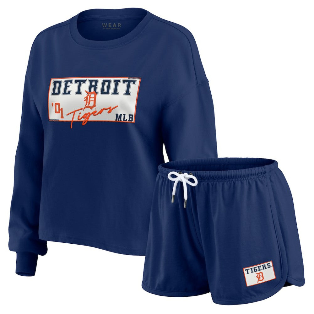 Detroit Tigers WEAR by Erin Andrews Women's Heavy Rugby Jersey Cropped Long Sleeve T-Shirt & Shorts Lounge Set - Navy Jerseys