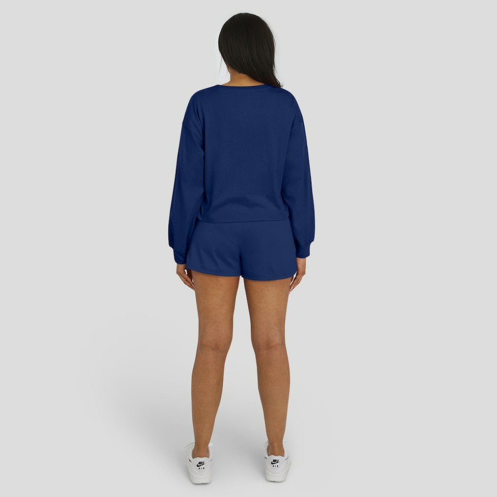 Detroit Tigers WEAR by Erin Andrews Women's Heavy Rugby Jersey Cropped Long Sleeve T-Shirt & Shorts Lounge Set - Navy Jerseys