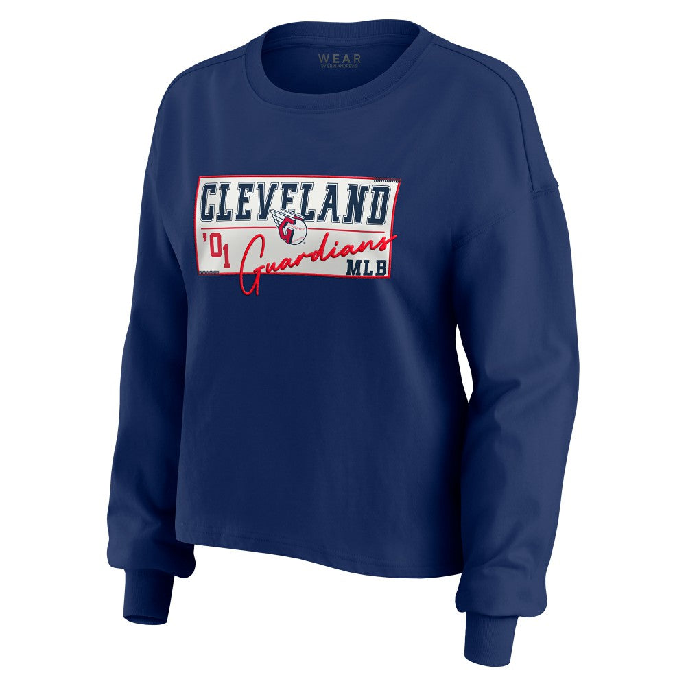 Cleveland Guardians WEAR by Erin Andrews Women's Heavy Rugby Jersey Cropped Long Sleeve T-Shirt & Shorts Lounge Set - Navy Jerseys
