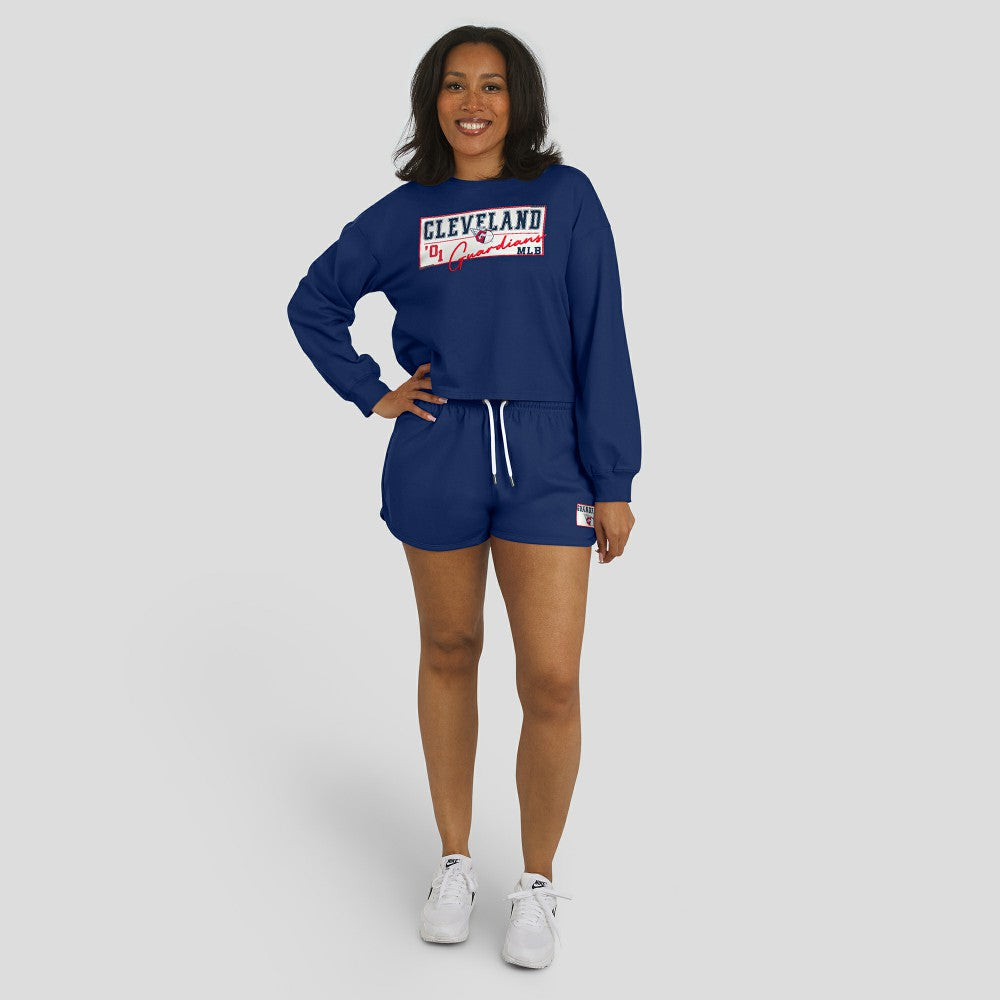Cleveland Guardians WEAR by Erin Andrews Women's Heavy Rugby Jersey Cropped Long Sleeve T-Shirt & Shorts Lounge Set - Navy Jerseys