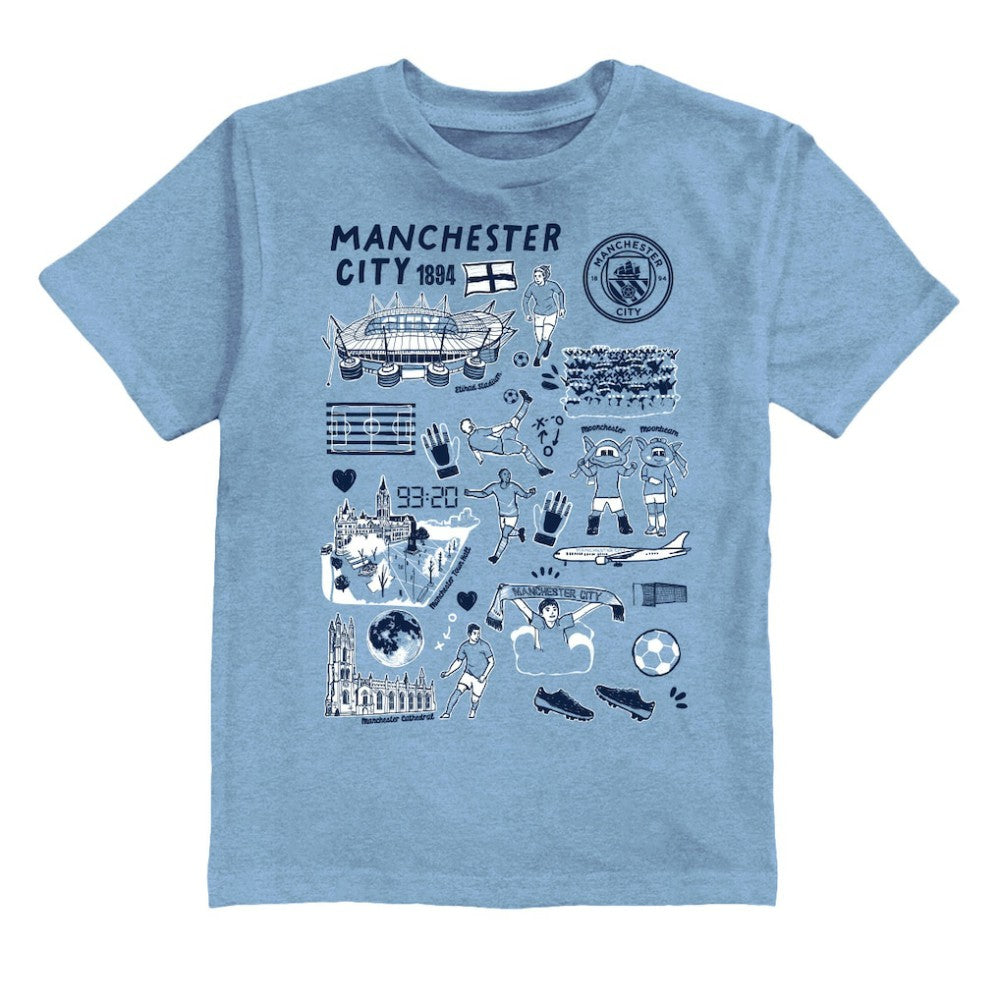 Manchester City Vive La Fete Youth Impressions Artwork T-Shirt Sky Blue