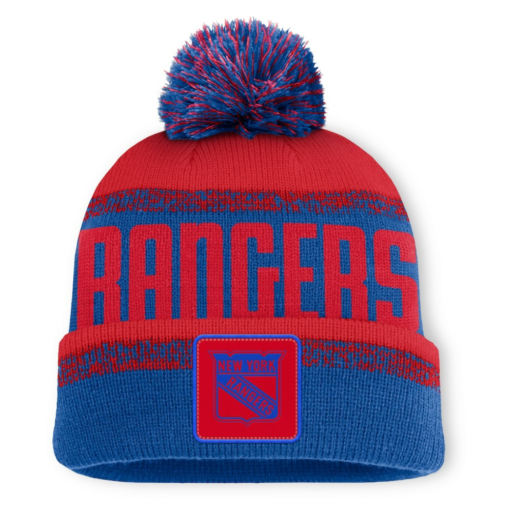 New York Rangers Fanatics Fundamentals Thrive Cuffed Knit Hat with Pom - Blue/Red | US 202777578