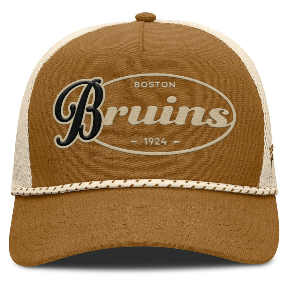 Boston Bruins Fanatics Heritage Fetch A-Frame Trucker Adjustable Hat - Brown/Cream | US 202777706