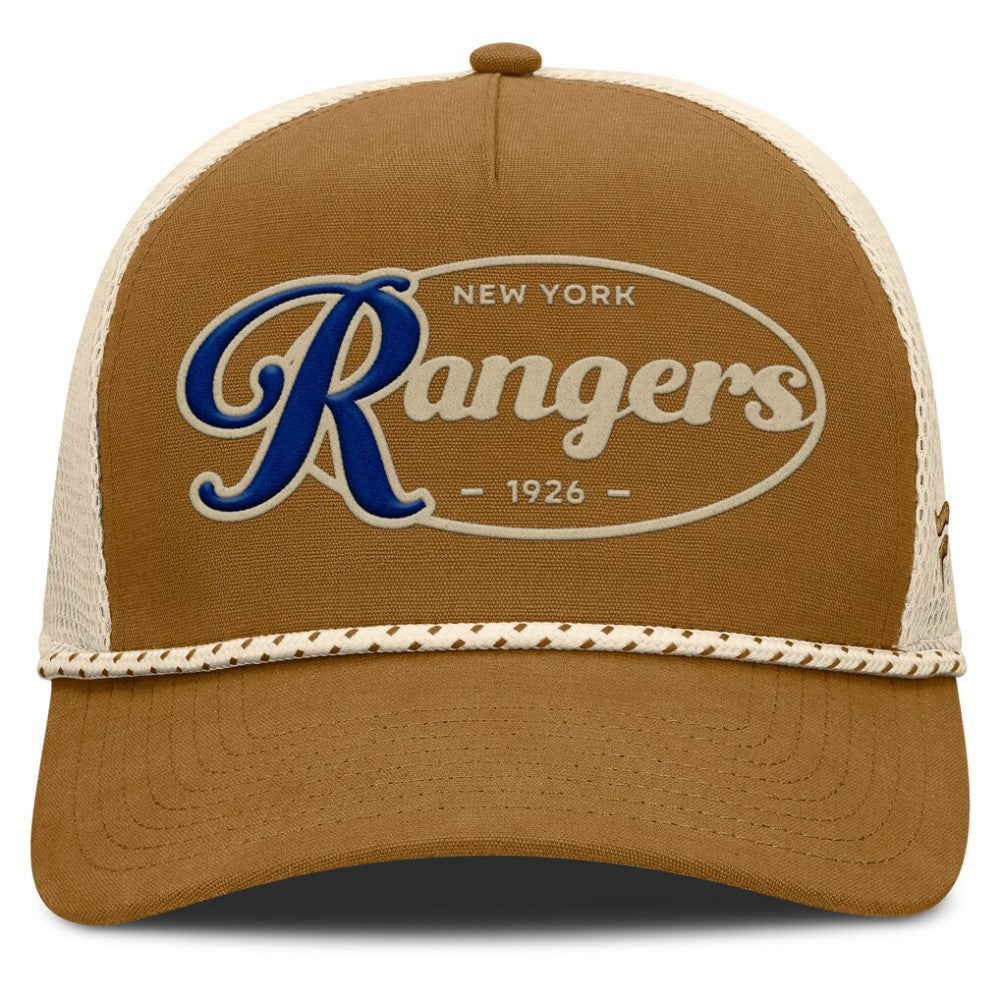 New York Rangers Fanatics Heritage Fetch A-Frame Trucker Adjustable Hat - Brown/Cream | US 202777711