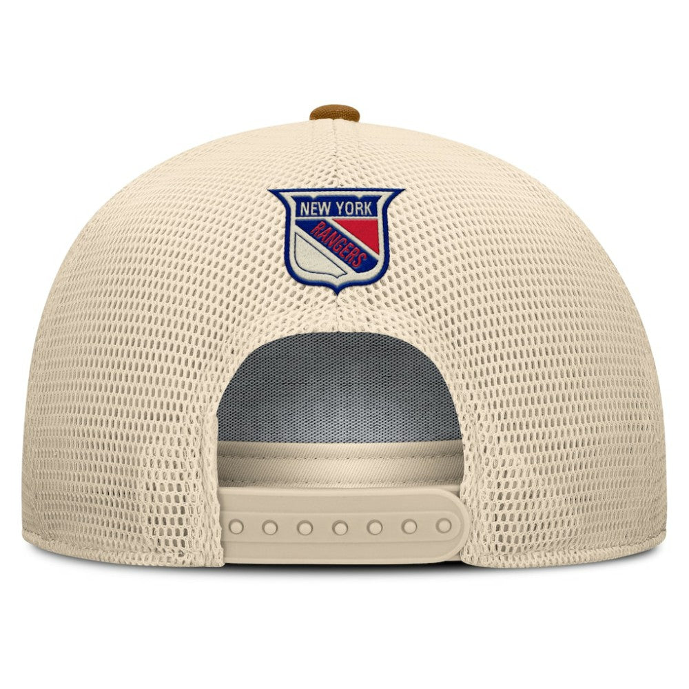 New York Rangers Fanatics Heritage Fetch A-Frame Trucker Adjustable Hat - Brown/Cream | US 202777711