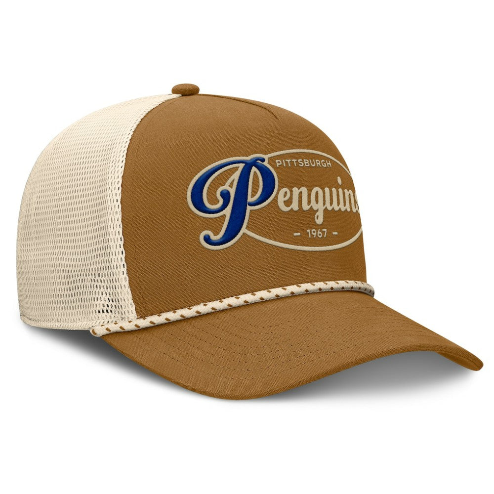 Pittsburgh Penguins Fanatics Heritage Fetch A-Frame Trucker Adjustable Hat - Brown/Cream | US 202777712