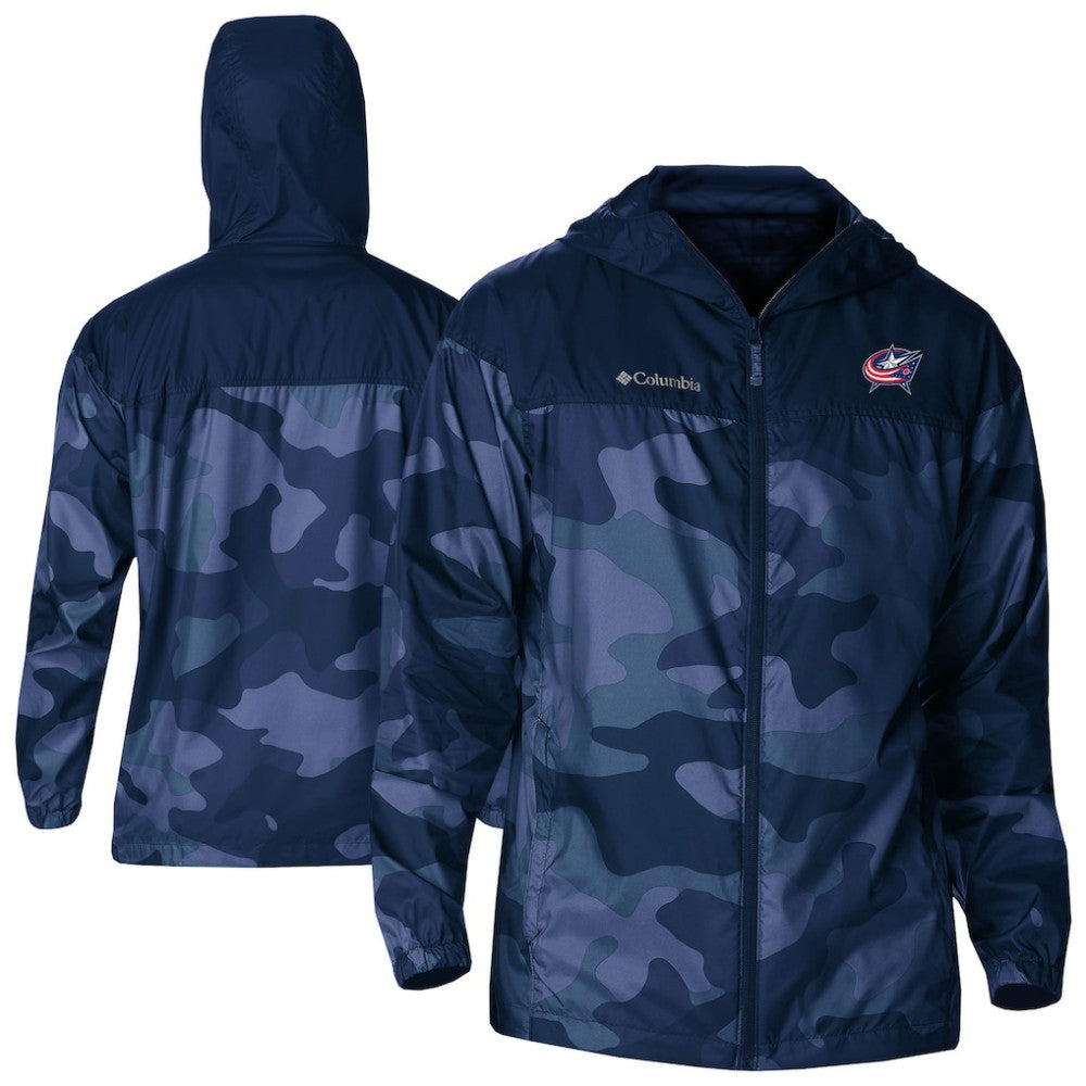 Columbus Blue Jackets Columbia Camo Flash Challenger Omni-Shade Full-Zip Hoodie Windbreaker - Navy | US 202780769