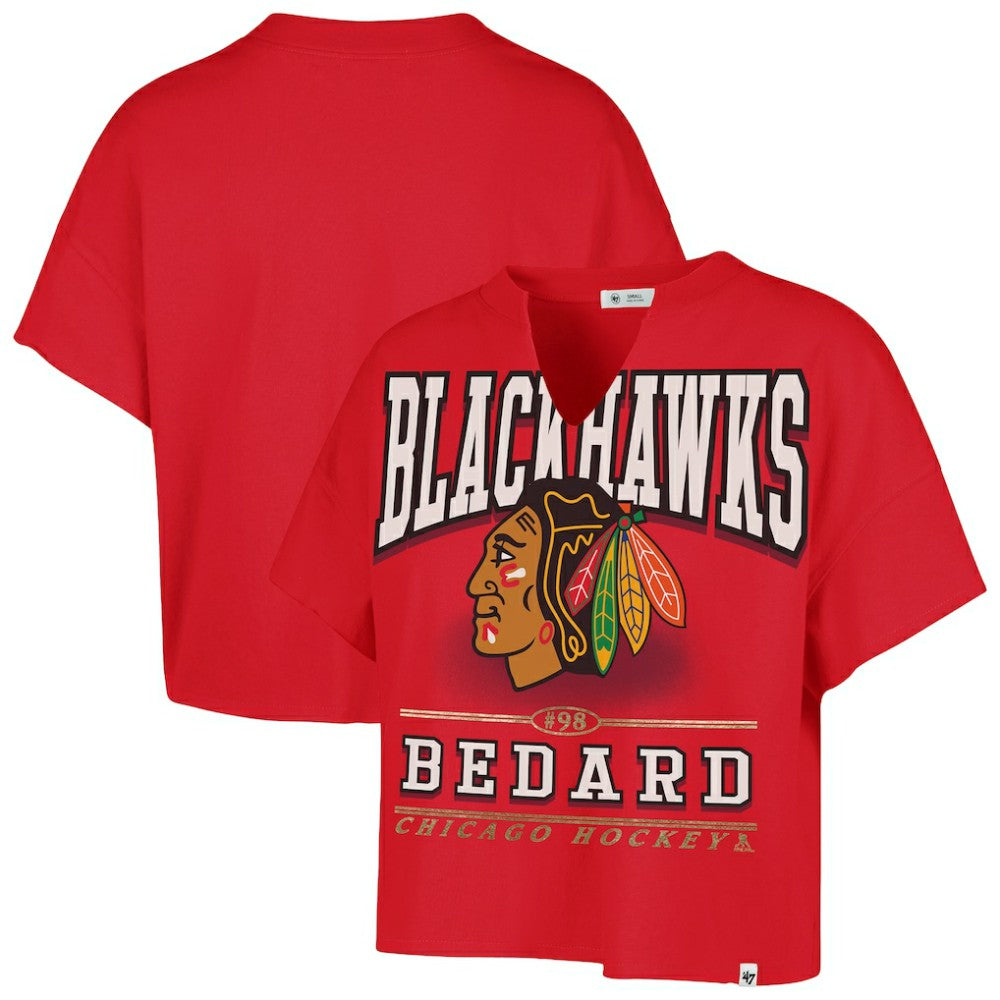 Connor Bedard Chicago Blackhawks '47 Women's Elation Name & Number Oversized Notch Neck T-Shirt - Red | US 202784299