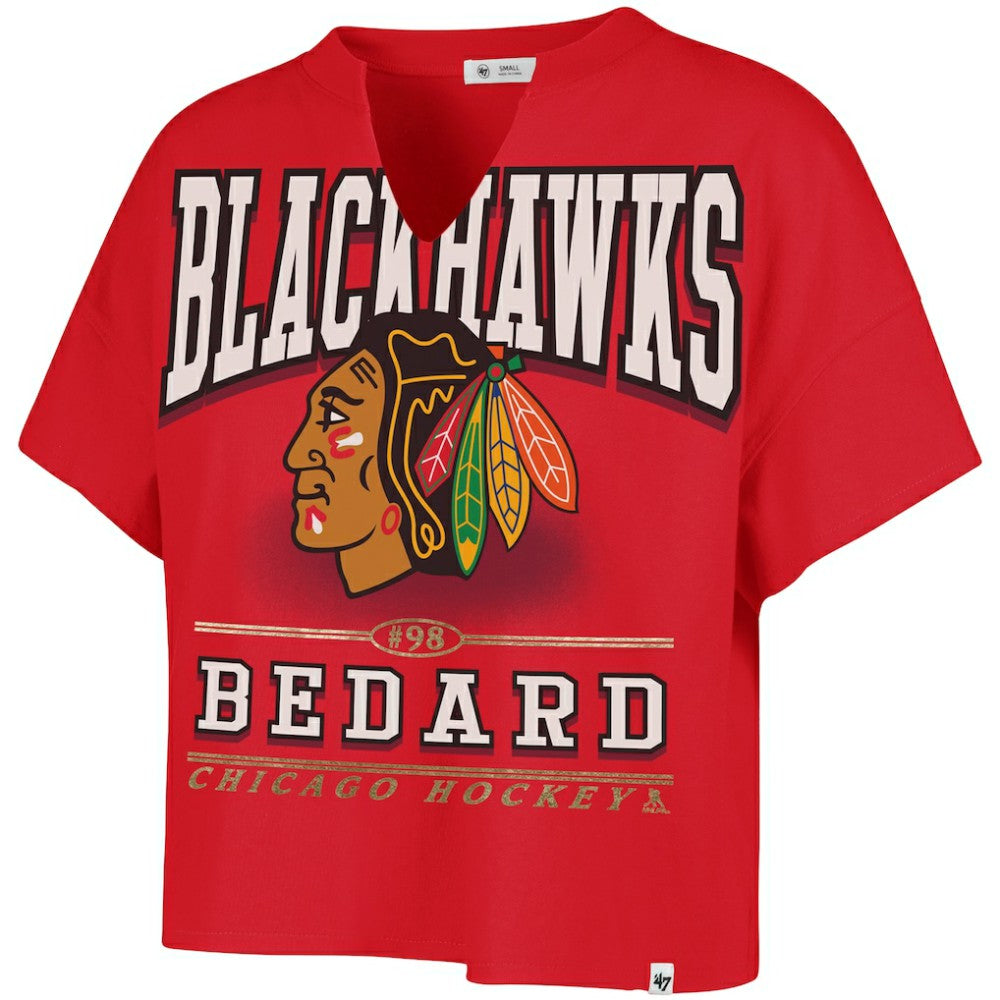 Connor Bedard Chicago Blackhawks '47 Women's Elation Name & Number Oversized Notch Neck T-Shirt - Red | US 202784299