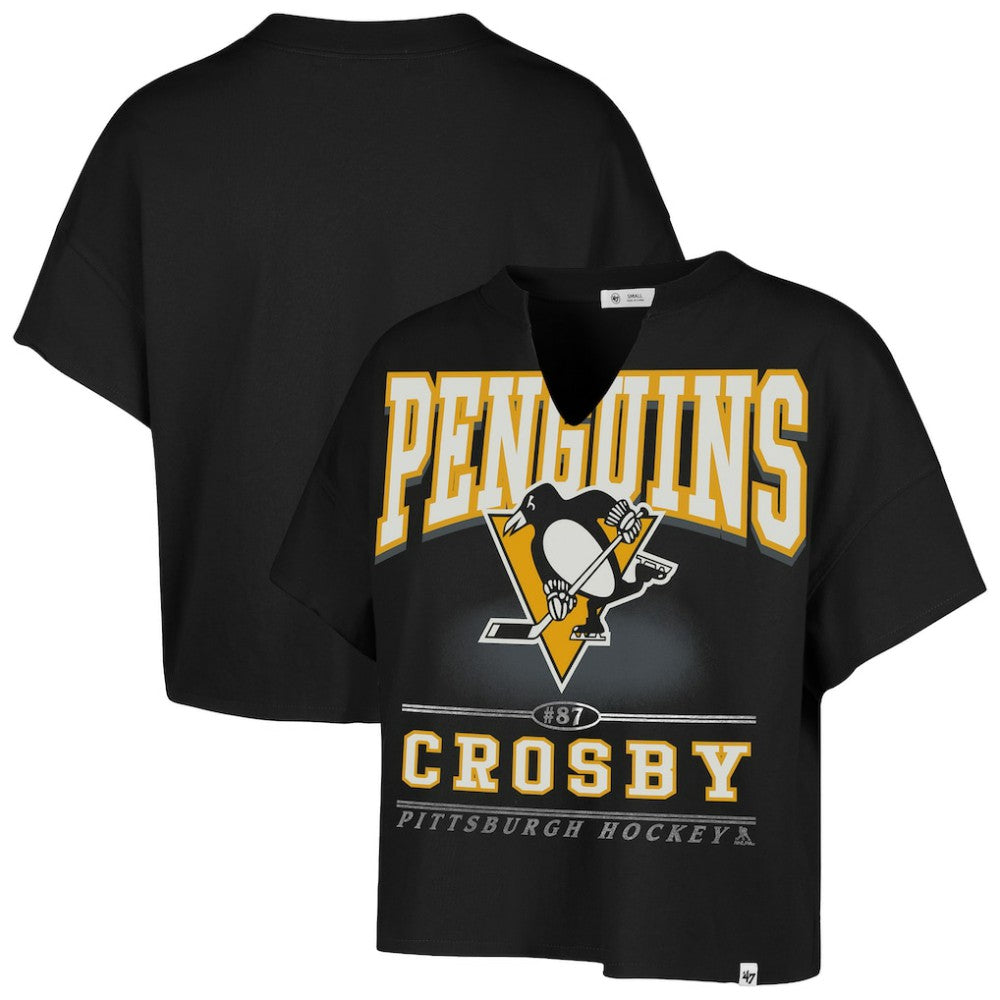 Sidney Crosby Pittsburgh Penguins '47 Women's Elation Name & Number Oversized Notch Neck T-Shirt - Black | US 202784300