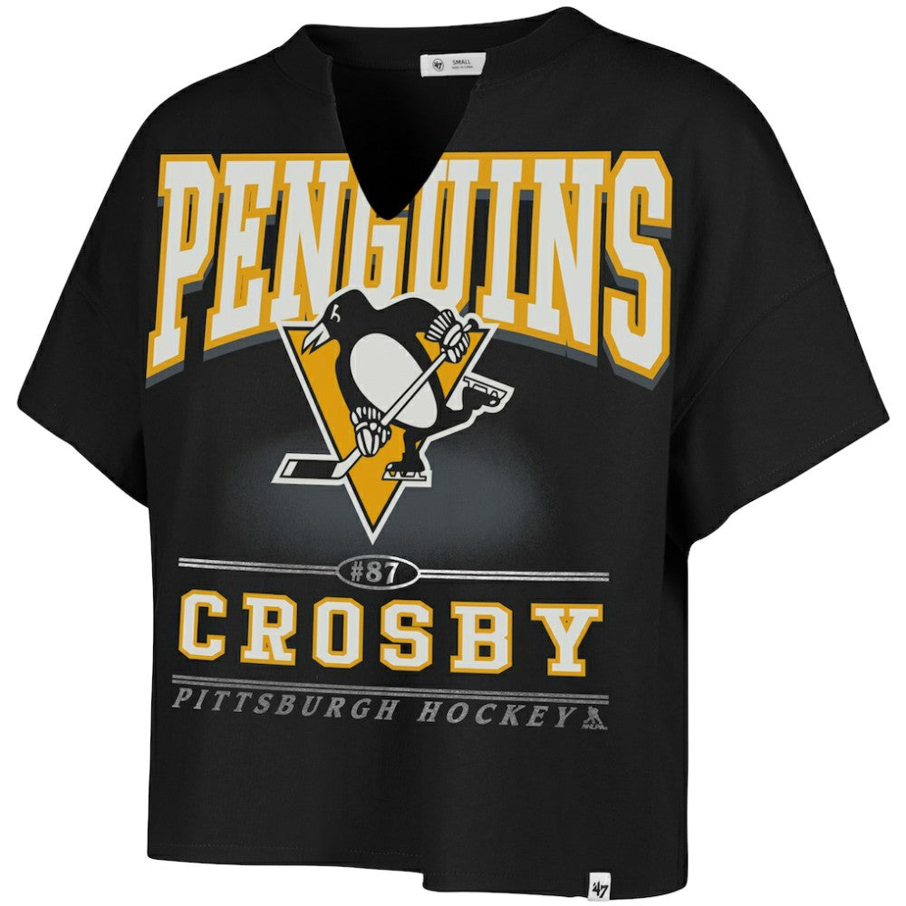 Sidney Crosby Pittsburgh Penguins '47 Women's Elation Name & Number Oversized Notch Neck T-Shirt - Black | US 202784300