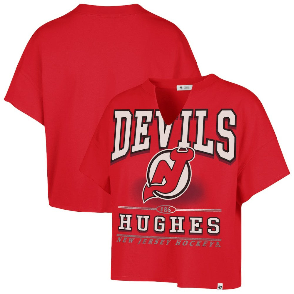 Jack Hughes New Jersey Devils '47 Women's Elation Name & Number Oversized Notch Neck T-Shirt - Red | US 202784301
