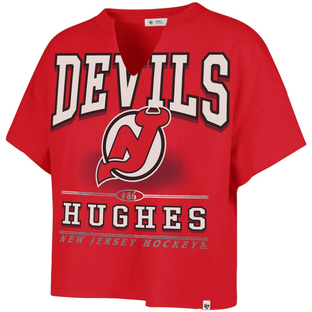 Jack Hughes New Jersey Devils '47 Women's Elation Name & Number Oversized Notch Neck T-Shirt - Red | US 202784301